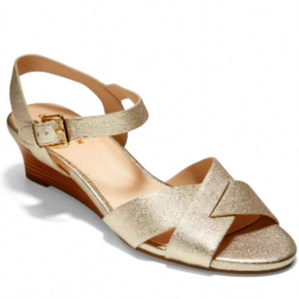 Cole Haan Avina Leather upper gold sandals wedge New in box